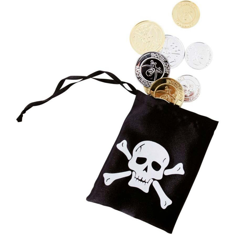 Petite bourse de pirate avec pièces d'argent et d'or