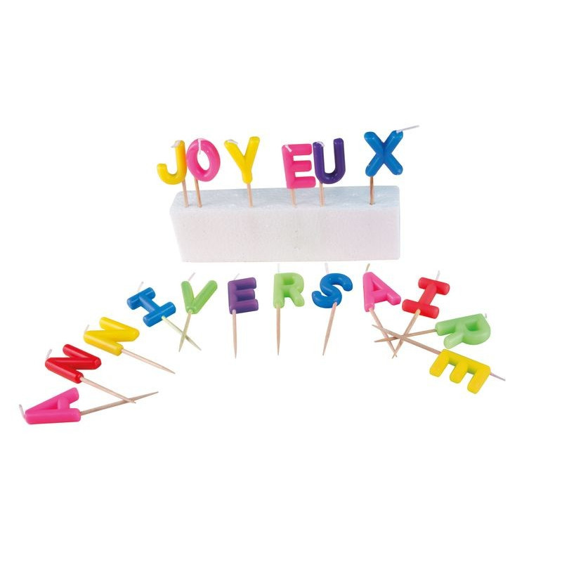 Bougies en forme de lettres joyeux anniversaire très colorées
