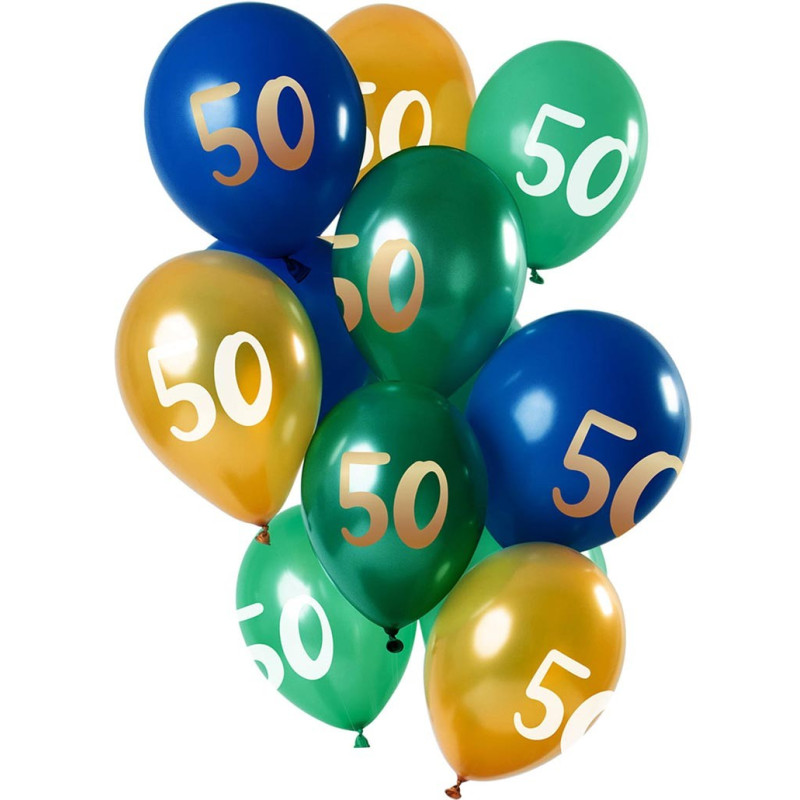 Bouquet de ballons en latex 50 ans or, vert et bleu gonflables à l'air et à l'hélium