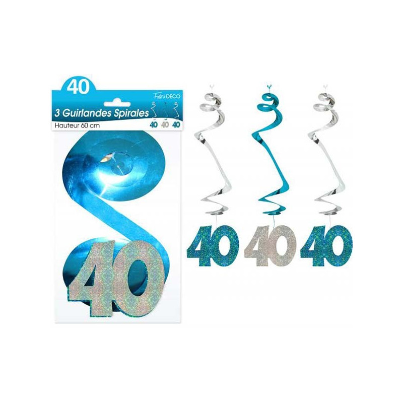 Décorations anniversaire 40 ans bleu et argent en forme de spirales - guirlande