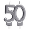 Bougie pour anniversaire en forme d'âge 50 ans couleur argent