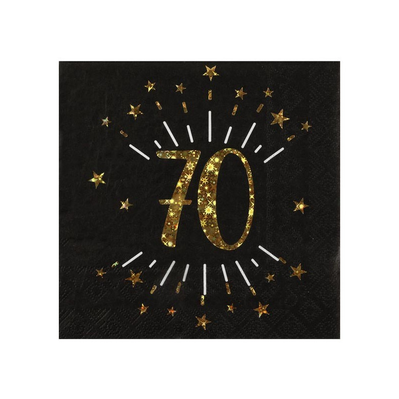 Serviettes 70 ans noir et or pour anniversaire Serviettes 70 ans noir et or pour anniversaire
