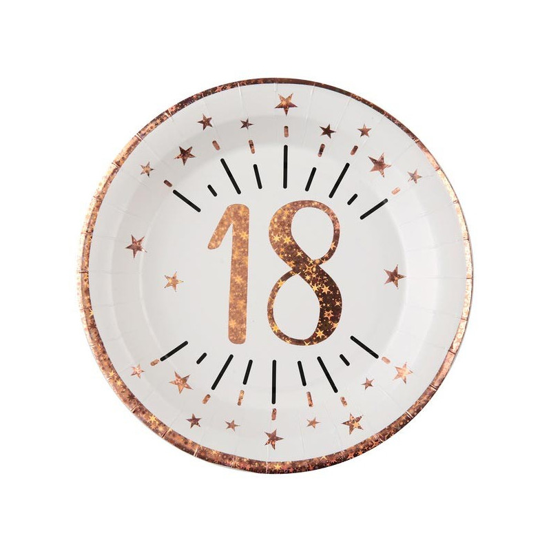 Assiettes en carton pour anniversaire 18 ans blanches et rose gold Assiettes en carton pour anniversaire 18 ans blanches et rose gold