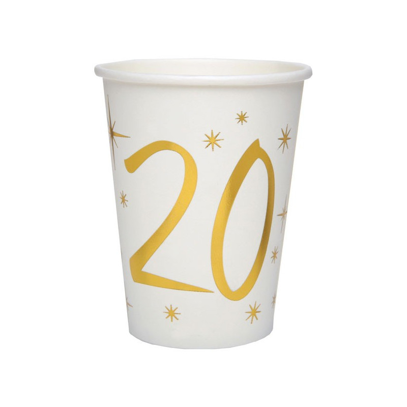 Paquet de 10 gobelets en carton 20 ans blanc et or Paquet de 10 gobelets en carton 20 ans blanc et or