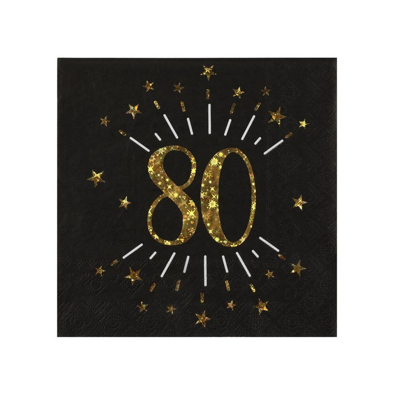 Serviettes 80 ans noir et or pour anniversaire