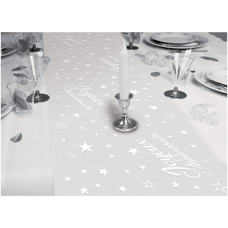 Chemin de table joyeux anniversaire pour décoration de table blanche