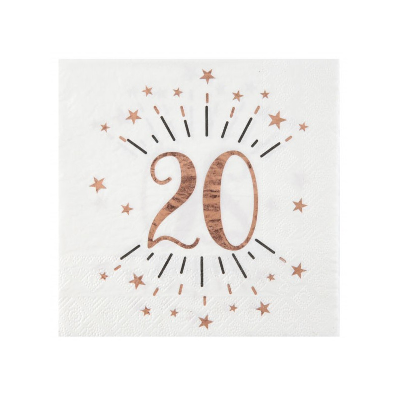 Serviettes en papier 20 ans rose gold pour anniversaire