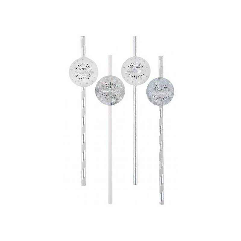 Pailles d'anniversaire argent en carton