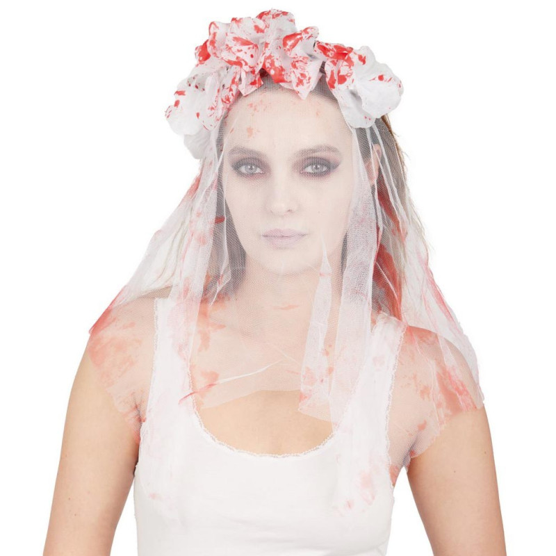 Serre-tête Avec Voilette Blanc Et Roses Sanglantes - Couronne Fleurie Pour Déguisement Santa Muerte, Mariage Ou Halloween