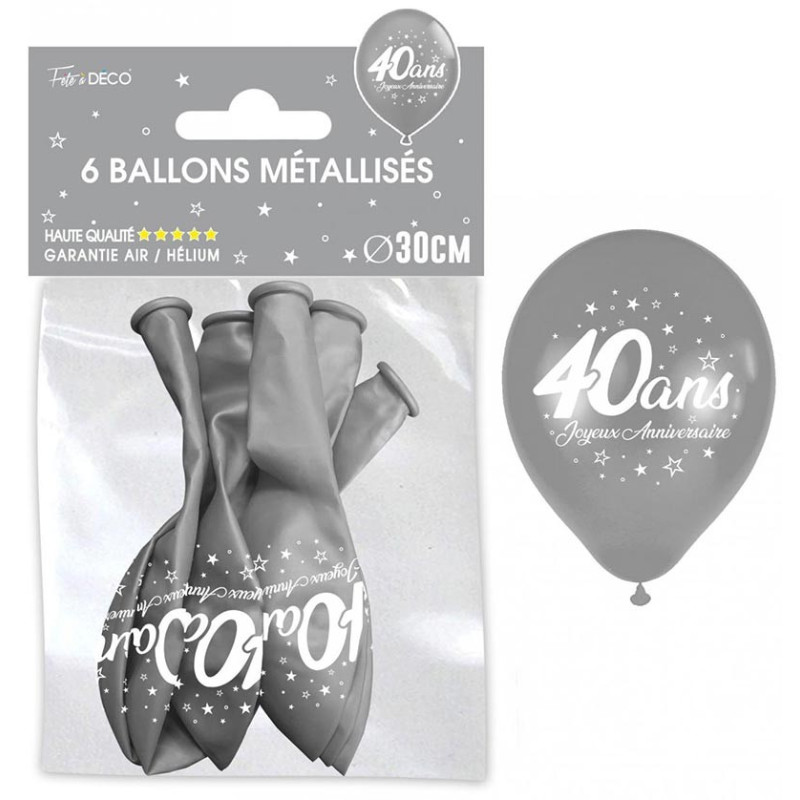 Ballons d'anniversaire 40 ans couleur argent air et hélium
