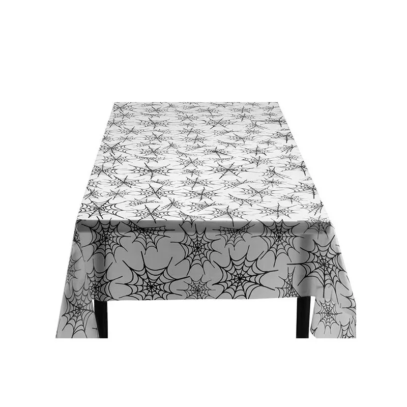 Nappe Halloween Toile D'araignée - Rectangulaire Noire Avec Motifs Araignées Et Chauves-souris - Décoration De Table Effrayante