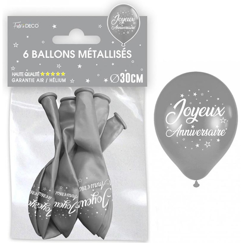 Ballons Joyeux Anniversaire Argent x6 air/hélium