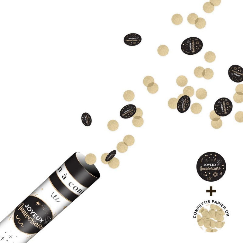 Canon à confettis joyeux anniversaire noir et or Canon à confettis joyeux anniversaire noir et or