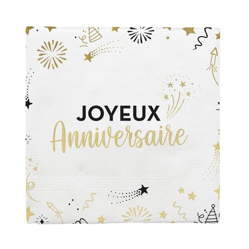 Serviettes joyeux anniversaire noir et or