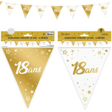 Guirlande fanion pour anniversaire 18 ans or et blanche