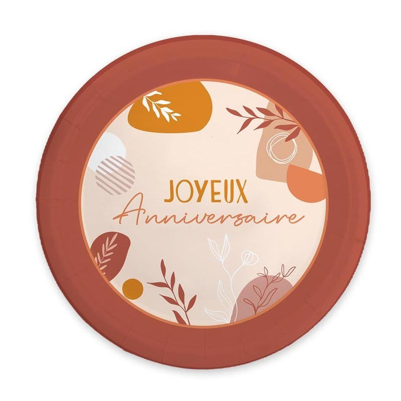 Assiettes joyeux anniversaire terracotta en carton