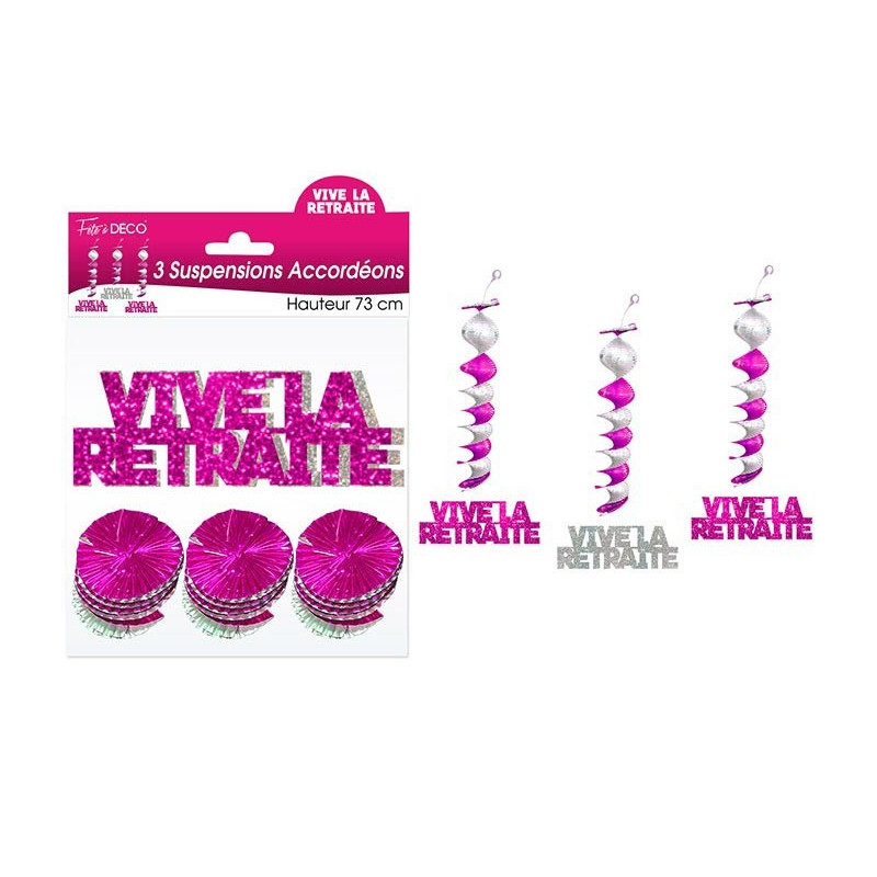 Suspension vive la retraite rose et argent pour décoration Suspension vive la retraite rose et argent pour décoration