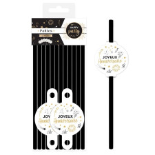 Pailles Joyeux anniversaire noires dorées et blanches