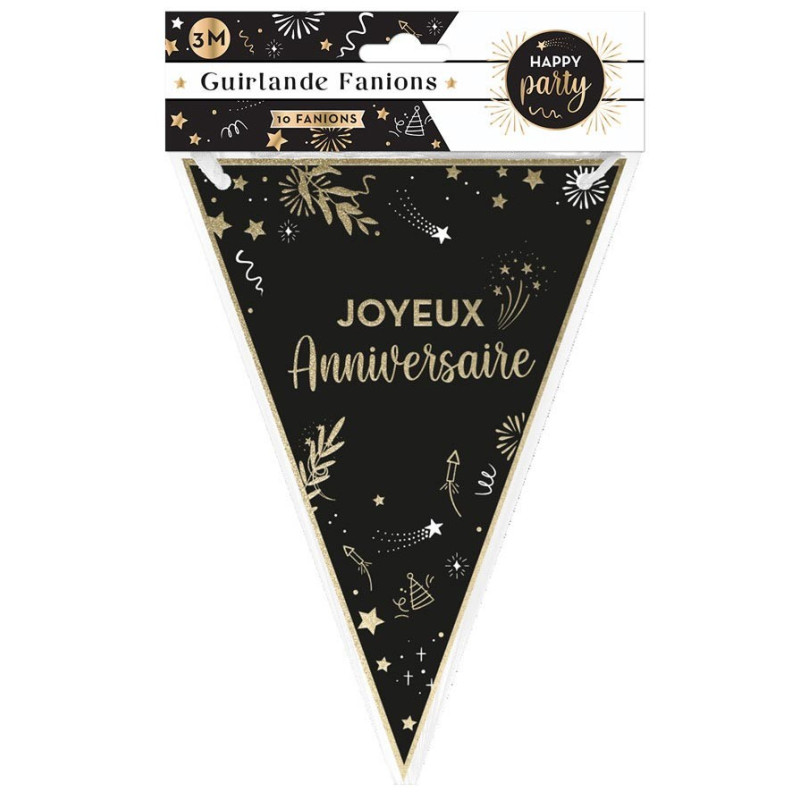 Banderole joyeux anniversaire noire et or