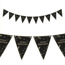 Guirlande joyeux anniversaire noire et or avec fanions