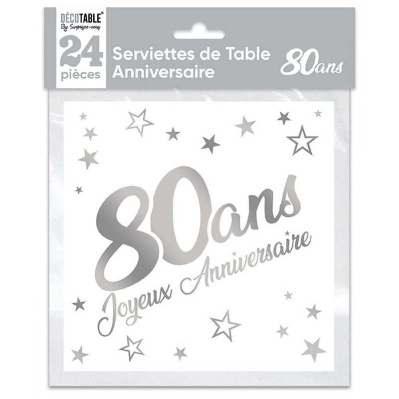 Serviette 80 ans joyeux anniversaire argent Serviette 80 ans joyeux anniversaire argent