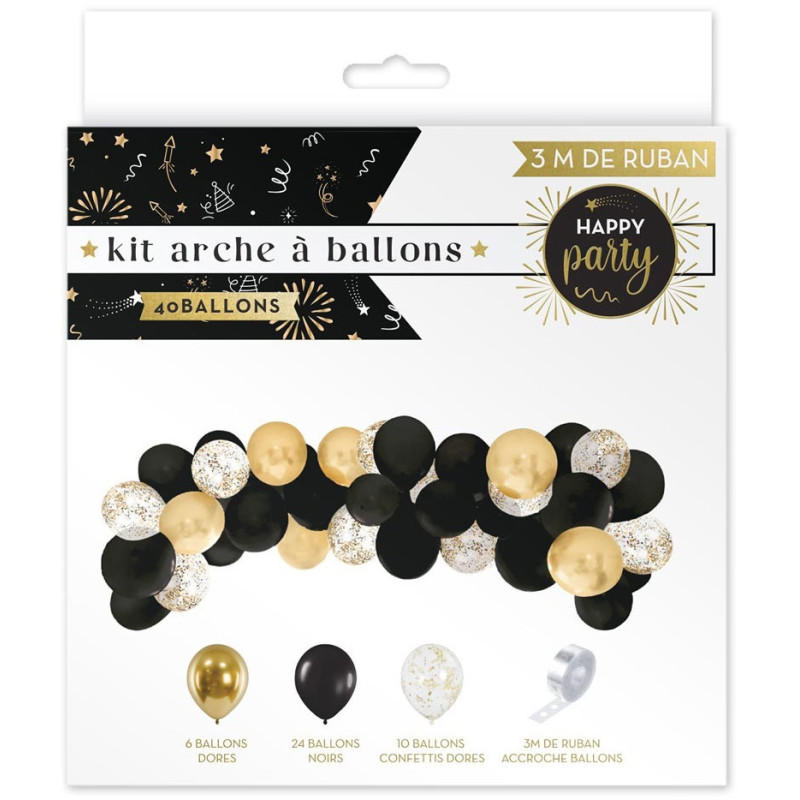 Kit Arche de Ballons Noir et Or avec ruban