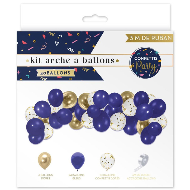 Kit Arche de Ballons Bleu et Or avec ruban