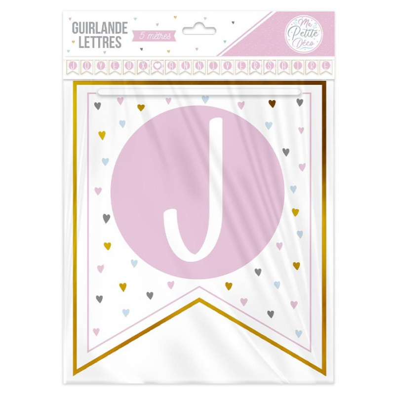 Banderole joyeux anniversaire fille rose blanche et or