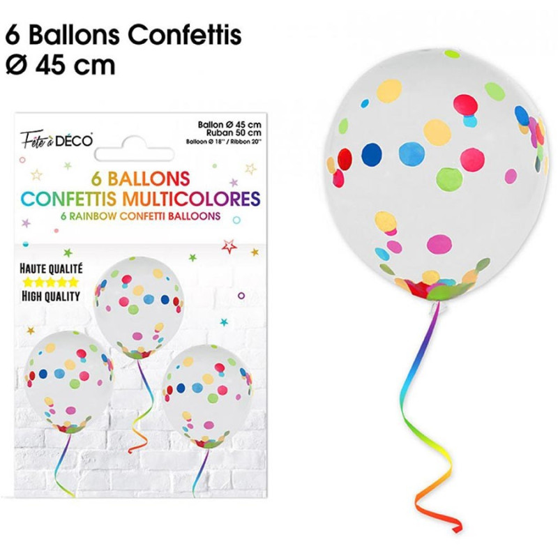 Ballon Confettis Multicolore avec Ruban x6