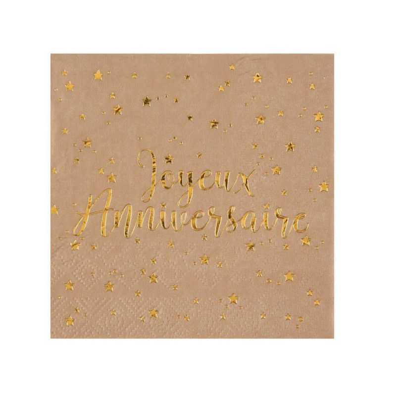 Serviette joyeux anniversaire nature kraft et or