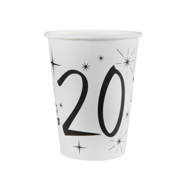 Gobelets pour anniversaire 20 ans blancs et noirs Gobelets pour anniversaire 20 ans blancs et noirs