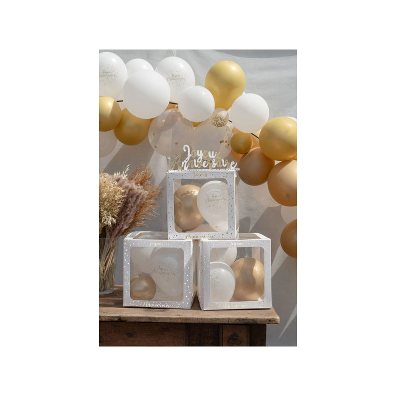 Boîte à Ballons Anniversaire blanc/or 30x30x30 cm