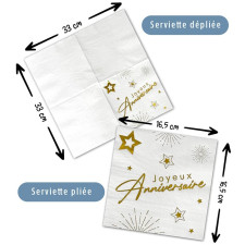 Serviettes En Papier Anniversaire - Lot De 40 - Motif 'Happy Birthday' Or Sur Blanc - 33x33 Cm - Pour Fête