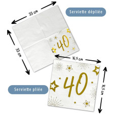 Serviettes Anniversaire40th Birthday - Blanc/Or - Lot de 20