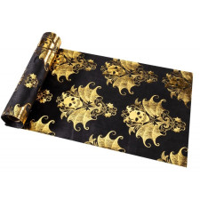 Chemin de table Halloween baroque noir et doré décoré avec des crânes imitation velours