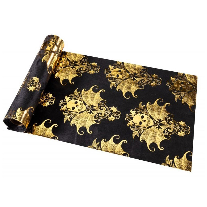 Chemin de table Halloween baroque noir et doré décoré avec des crânes imitation velours