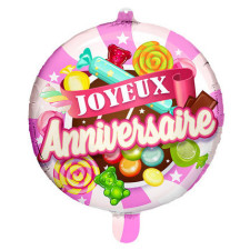 Ballon hélium joyeux anniversaire bonbon rose