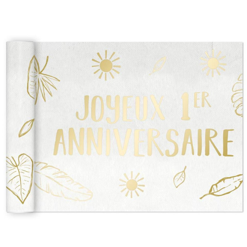 Chemin de table anniversaire 1 an blanc et or
