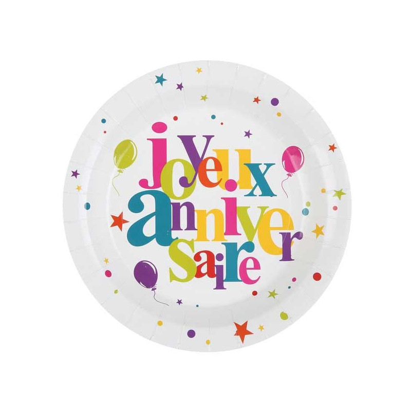 Assiettes anniversaire 22.5cm x10 multicolore