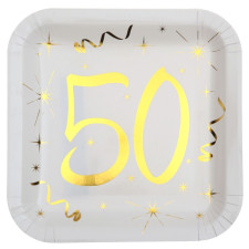 Assiettes en carton 50 ans carrées pour anniversaire blanc et or