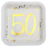 Assiettes en carton 50 ans carrées pour anniversaire blanc et or Assiettes en carton 50 ans carrées pour anniversaire blanc et or