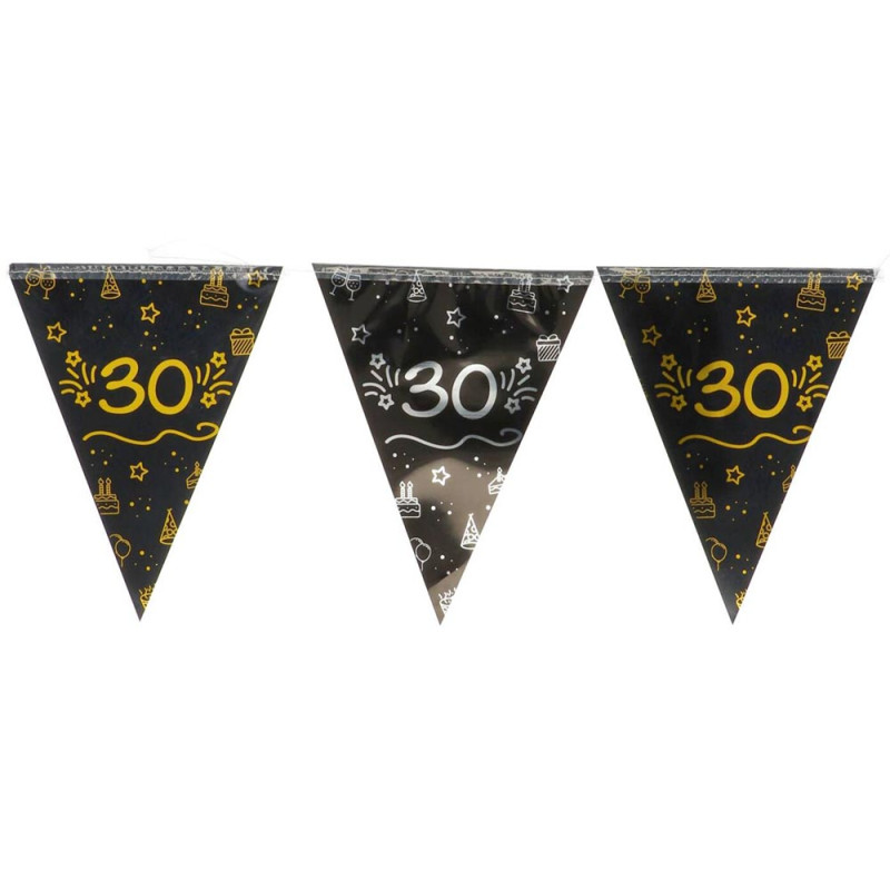 Guirlande anniversaire 30 ans noire, or et argent 4 mètres