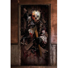 Décoration Halloween de porte avec assassin armé d'une hache