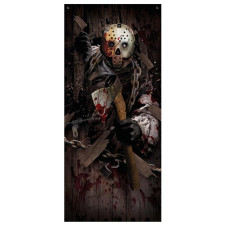 Déco Halloween de porte d'entrée tueur avec hache