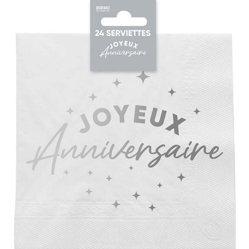 Serviette joyeux anniversaire couleur argent en papier