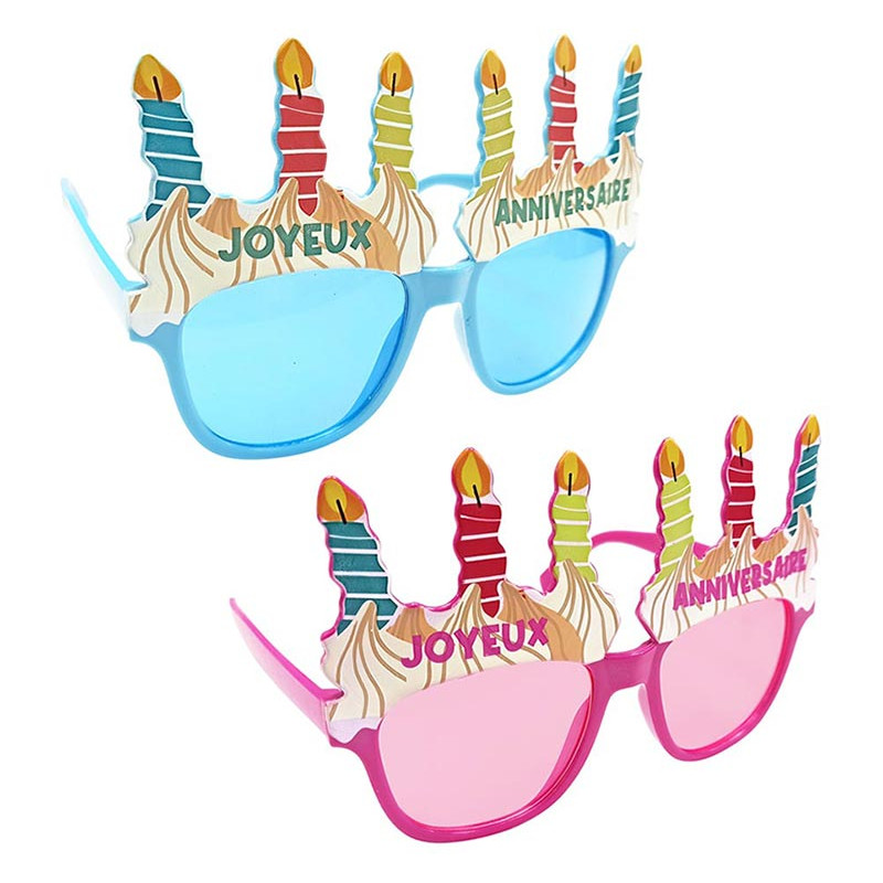 Lunettes anniversaire en forme de gâteau roses ou bleues