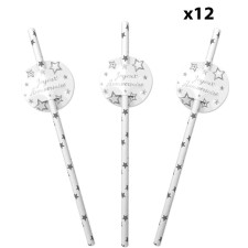 Pailles d'anniversaire blanches et argentées