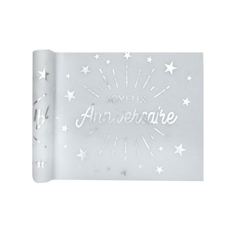 Chemin de table chic pour anniversaire blanc et argent Chemin de table chic pour anniversaire blanc et argent