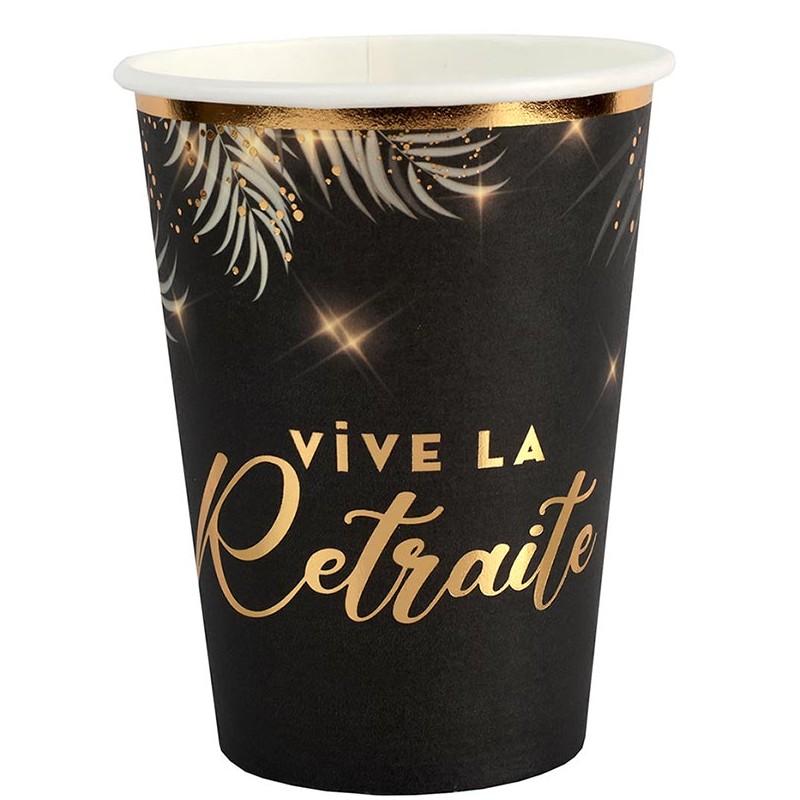 Gobelet retraite noir et or en carton Gobelet retraite noir et or en carton
