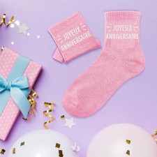 Cadeau chaussettes à paillettes Joyeux Anniversaire roses